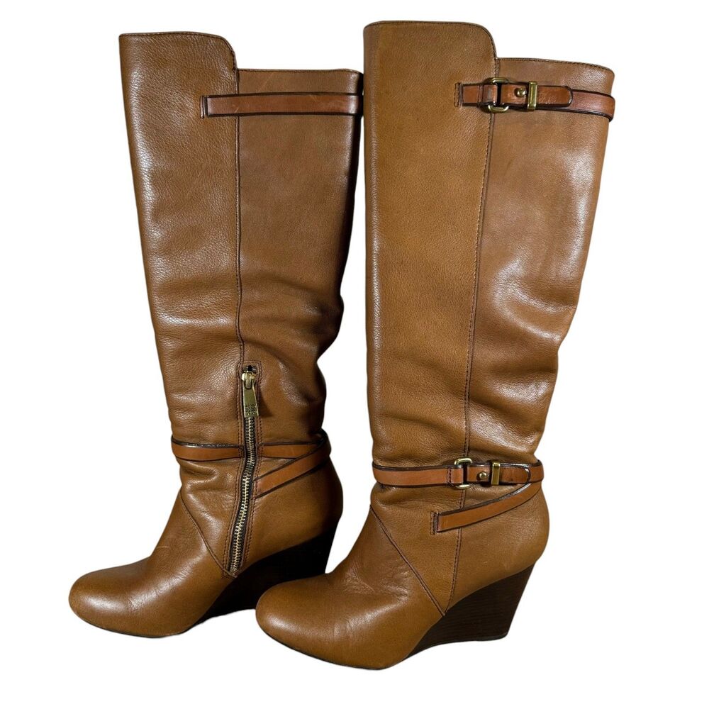 Coach Boots Women's 6B Brown Tan Leather Saddle Wedge Heeled Adair Pebble Grain